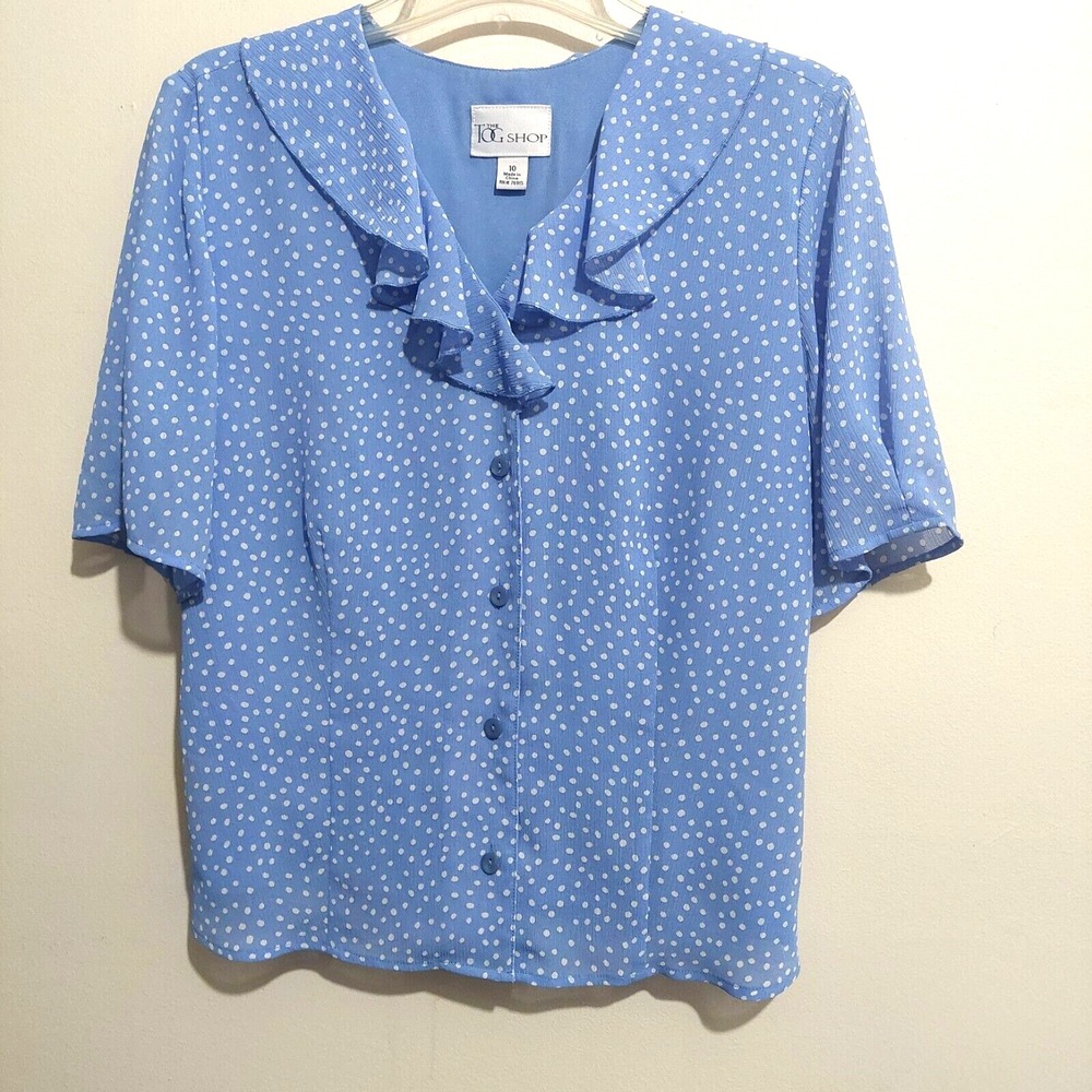 The Tog Shop Womens Size 10 Blouse Blue Polka Dots Short Sleeves Ruffle Collar